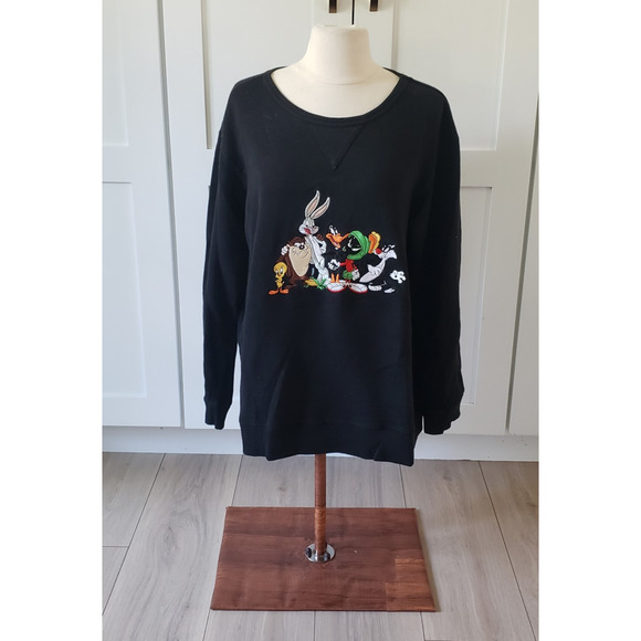 Looney Tunes Crewneck Sweatshirt Womens S Black Bugs Daffy Taz Tweety Embroidery - Picture 1 of 6